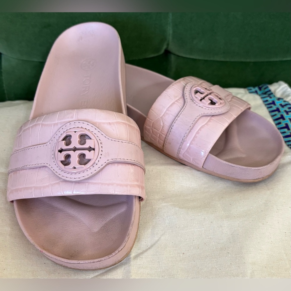 Tory Burch Mineral Pink Anatomic Slides Sandals Size 7 Croc Embossed Retail $228